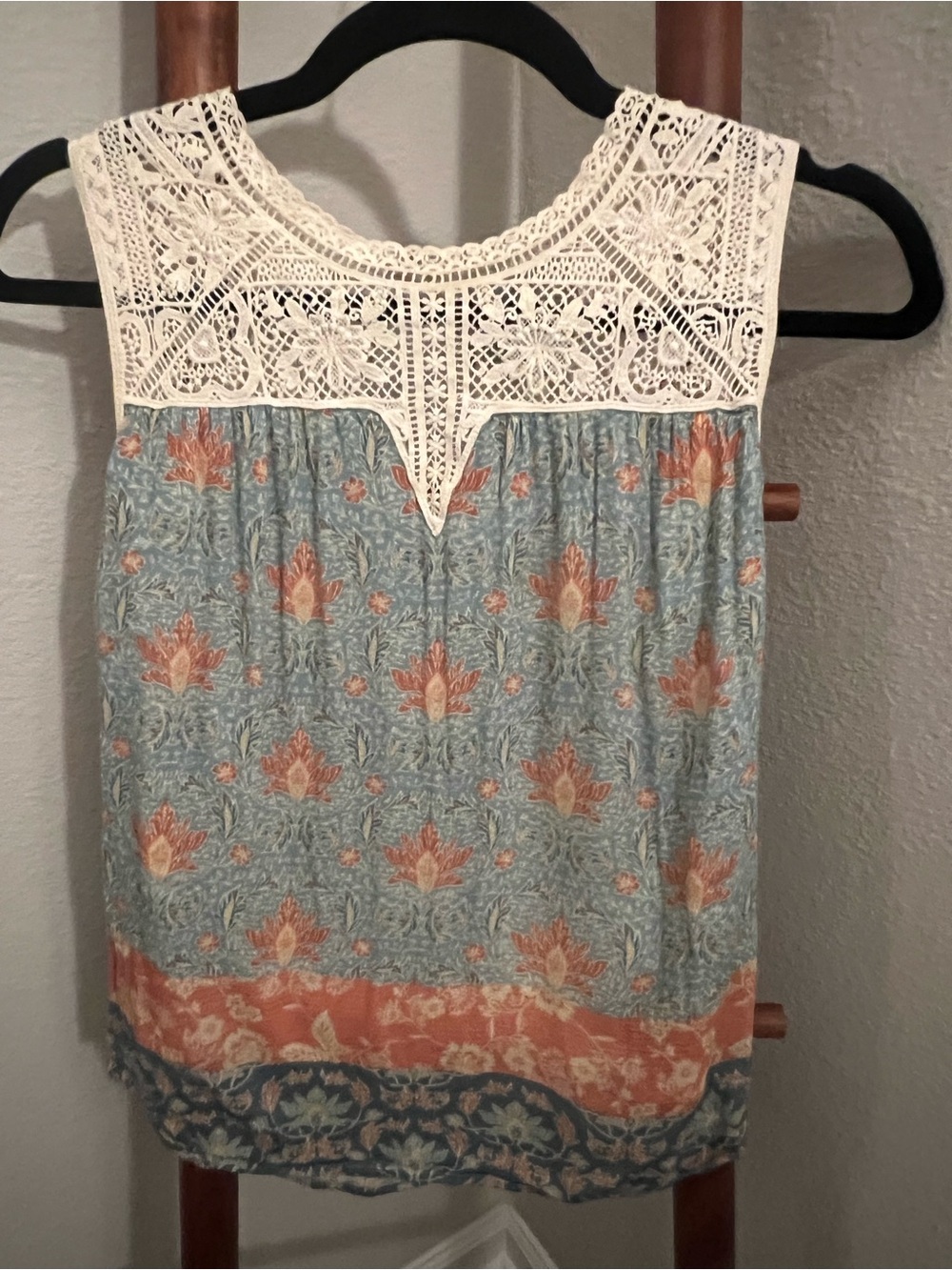 Maeve Cream Crochet Yoke Sleeveless Top with Blue and Coral Floral